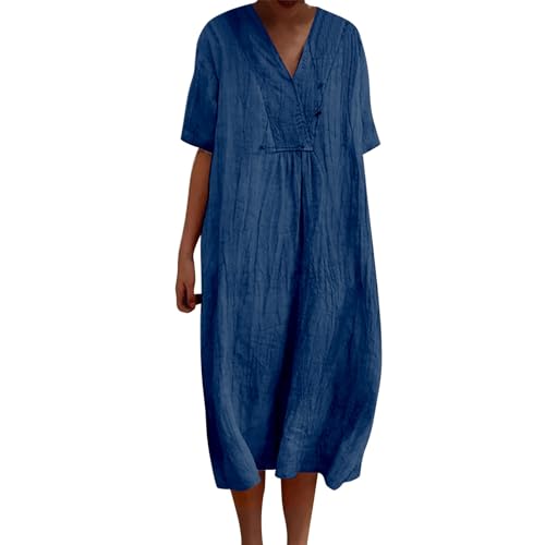 Womens Boho Maxi Dresses 2024 Summer V Neck Short Sleeve Linen Long Dress Loose Plus Size Solid Color Boho Dress