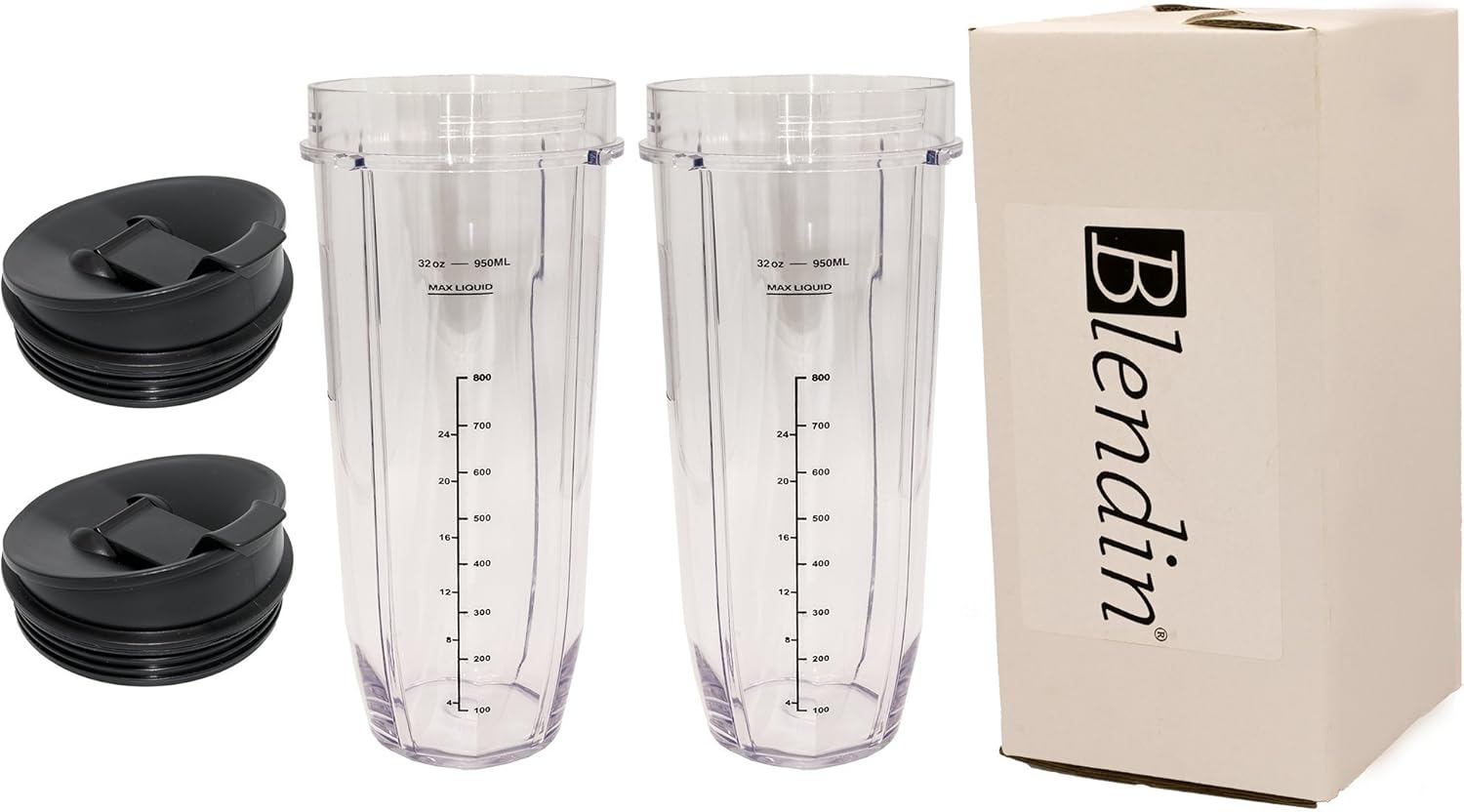 Blendin 32 Ounce Cup with Sip N Seal To Go Lids - Extra Large Replacement Jar Compaible with Nutri Ninja Auto-iQ 1000W and Duo Blenders - Premium Blender Cups Replacement (2 Pack)