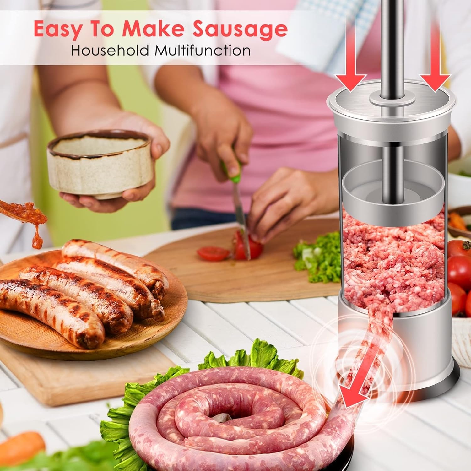 Stainless Steel Vertical Sausage Stuffer and Sausage Maker w/4 Stuffing Tubes, Manual Sausage Stuffer Machine(2.2LB)