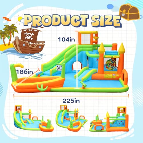 Inflatable Water Slide Park, Large Water Bouncer Castle Fun Bouncy House with Large Pool, Dual Slides, Climbing Wall, Basketball, Soccer, Archery, Toss Game, Easy to Set Up with Air Blower