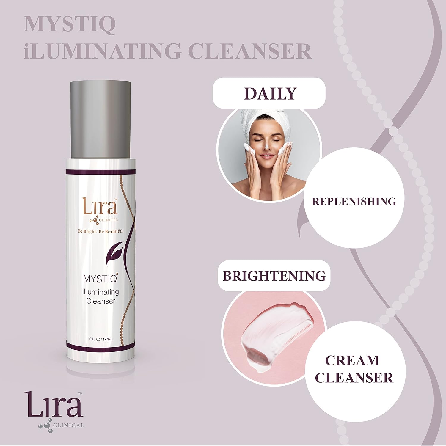 Lira Clinical Mystiq iLuminating Cream Cleanser - Gentle Hydrating Facial Wash with Plant Cells, Tomato Extract, Vitamin C & E - 6 fl oz