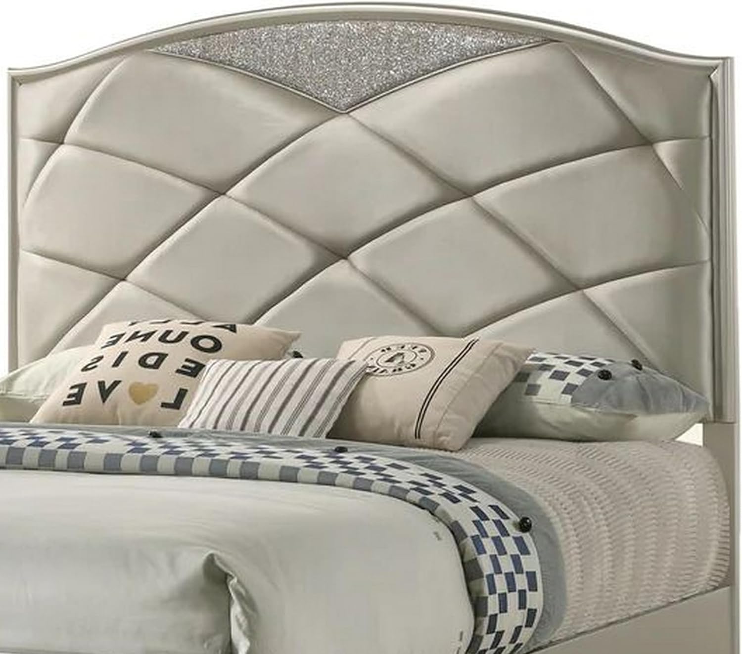 Benjara Vala Queen Bed, Faux Leather Headboard, Grid Tufted, Acrylic Accents, Taupe