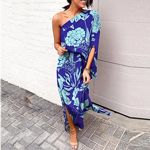 NaRHbrg Womens 2024 Summer Dress, Womens One Shoulder Batwing Cape Midi Dress Boho Floral Print Loose Casual Club Party Dress