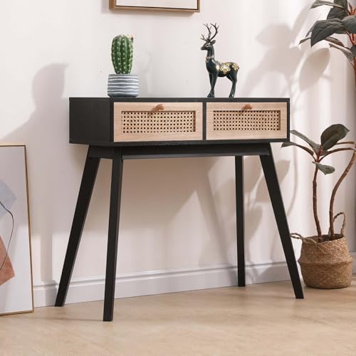 Mid-Century Modern Console Table with Rattan Drawers and Solid Wood Legs, Slim and Stylish Design for Hallway, Living Room, Natural+Black