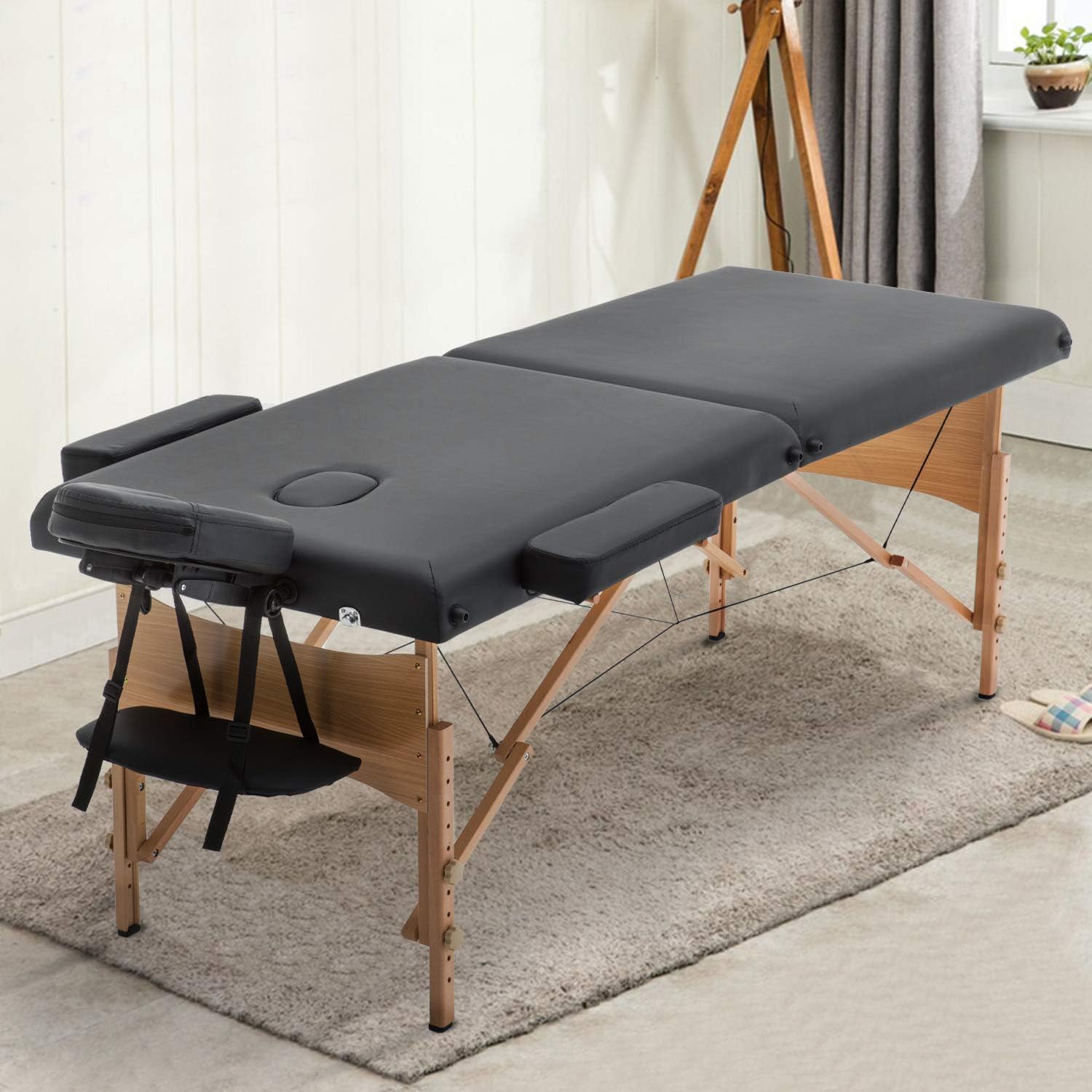 Sentiment Height Adjustable 73 Inches Long 28 Inches Wide 2 Folding Bed Portable Massage Table with Carrying, Black