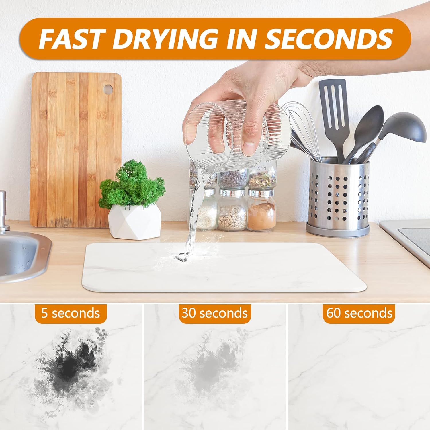 3 Pack Stone Drying Mat for Kitchen Counter, Heat Resistant, Fast Dry, Super Absorbent Stone Dish Drying Mat with Non-Slip Pad and Sand Tool (15.8x11.8 inch, 8.7x3 inch, 4 inch diameter, White Marble)