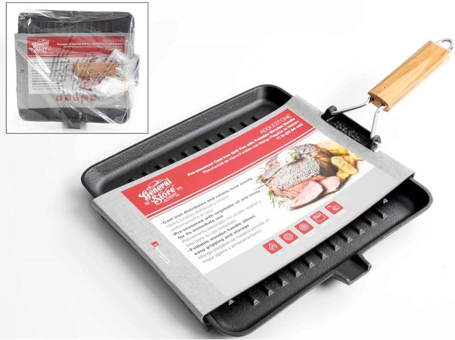 Gibson Home General Store Addlestone Preseasoned Grill Pan, with Foldable Wood Handle, Cast Iron, 11-inches Square, 124974.01, Black