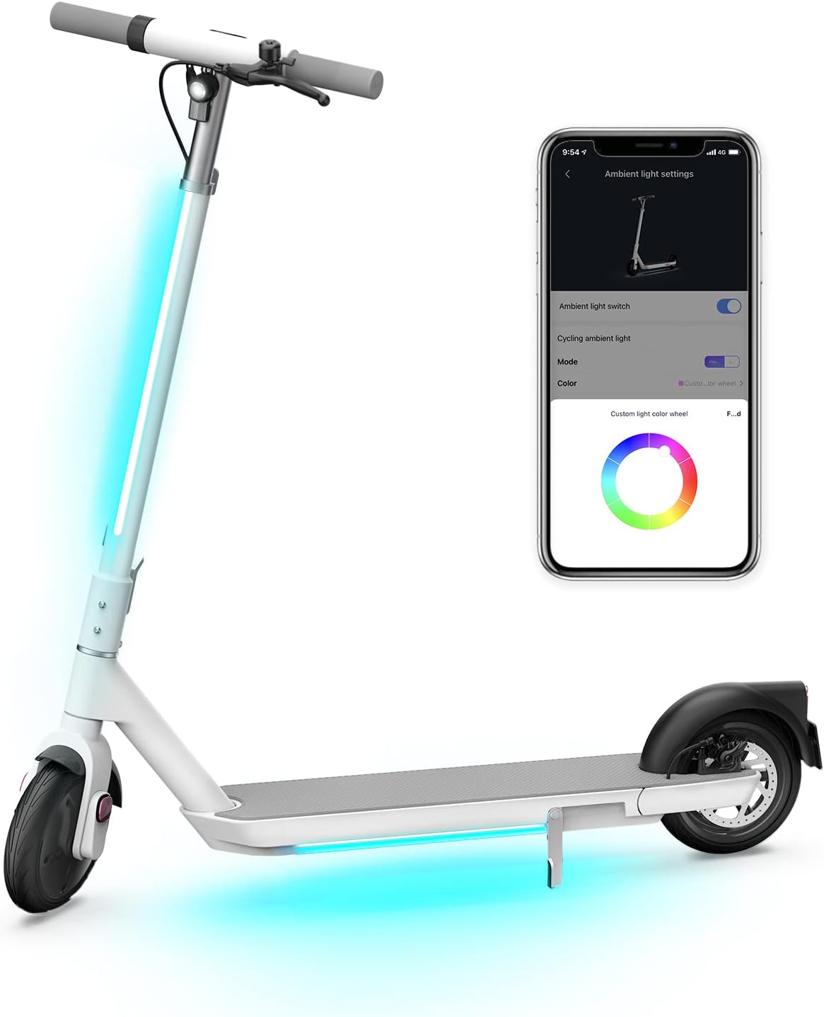 OKAI NEON Electric Scooter with Atmospheric Lights - 25 Miles Range & 15.5 Mph - Lightweight Folding Commuter E Kick Scooters for Adults (White)