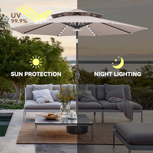 7.5ft Solar Umbrella Outdoor - Lighted Patio Umbrella with 24 LED Lights Waterprool Uv Protection, Table Umbrella with Tilt & Crank for Pool, Porch, Garden, Deck, Backyard(Beige)
