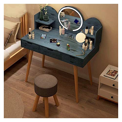 Luxury Dressing Vanity Table w/Stool for Bedroom, Modern Solid Wood Dresser Mini Bedroom Makeup Table Simple Cosmetic Storage Room with LED Mirror Stool(Blue,60CM)