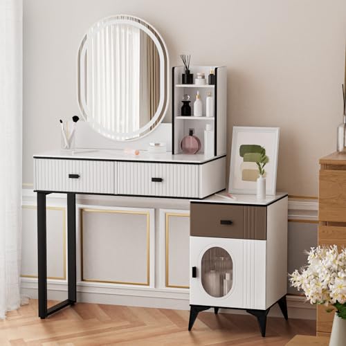 Makeup Desk with Mirror and Lights, Large Vanity Desk with Storage Shelves & 3 Drawers, Modern Makeup Vanity Table Set, Dressing Table for Bedroom White US Plug