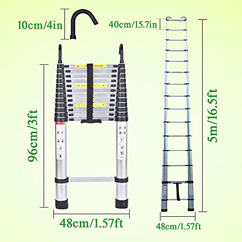 16.5FT Aluminum Telescoping Extension Ladder 330lb Capacity Heavy Duty A-Frame Foldable Portable 2-in-1 Ladder with Support Bar EN131 Certificated for Home Office Shed Warehouse