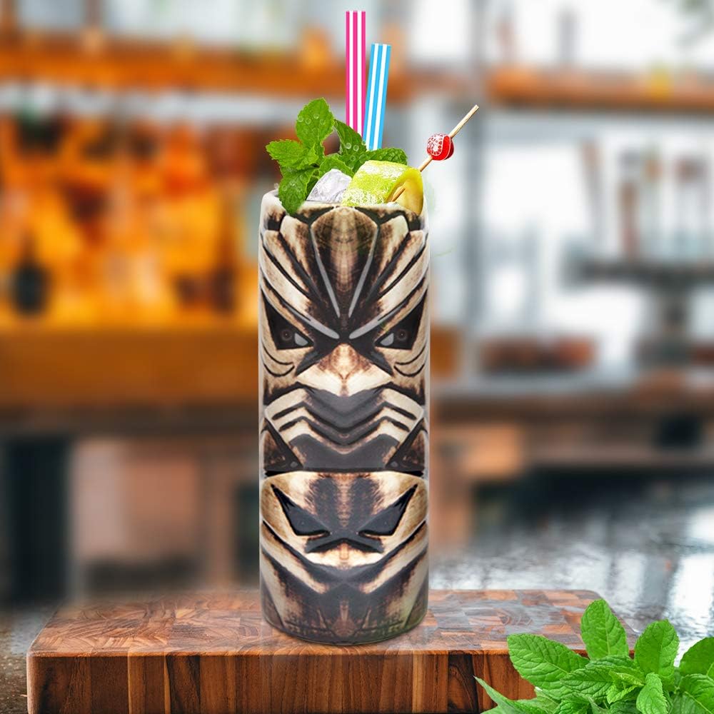 Tiki Mugs Cocktail Set of 4 - Large Tumblers Ceramic Hawaiian Luau Party Mugs Drinkware, Cute Exotic Cocktail Glasses, Tiki Bar Professional Hawaiian Party Barware, TKSET0005…