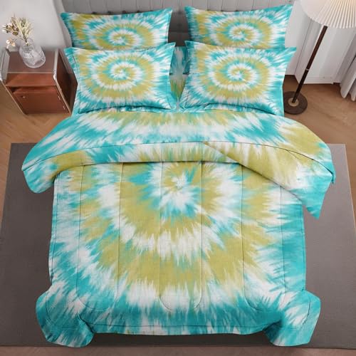 5 Pcs Comforter Set Twin Size, Tie Dye Rainbow Painting Bed in a Bag with Flat Sheet and Fitted Sheet for Kids and Adults, Pink Orange Stripe Bedding Set with Pillowcase & Sham