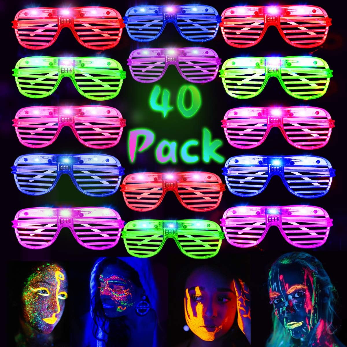 HWG 40 Pack Glow in The Dark Glasses, LED Christmas Party Supplies 5 Colors Light Up Glasses Shutter Shades Kids/Adult Party Accessories