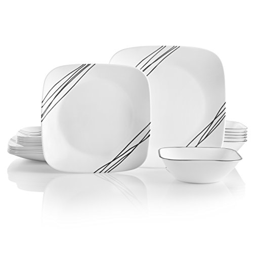 Corelle Vitrelle 18-Piece Service for 6 Dinnerware Set, Timber Shadows & Vitrelle 1-Qt Serving Bowl 2-Pack, Large Serving Bowl, Triple Layer Glass, White