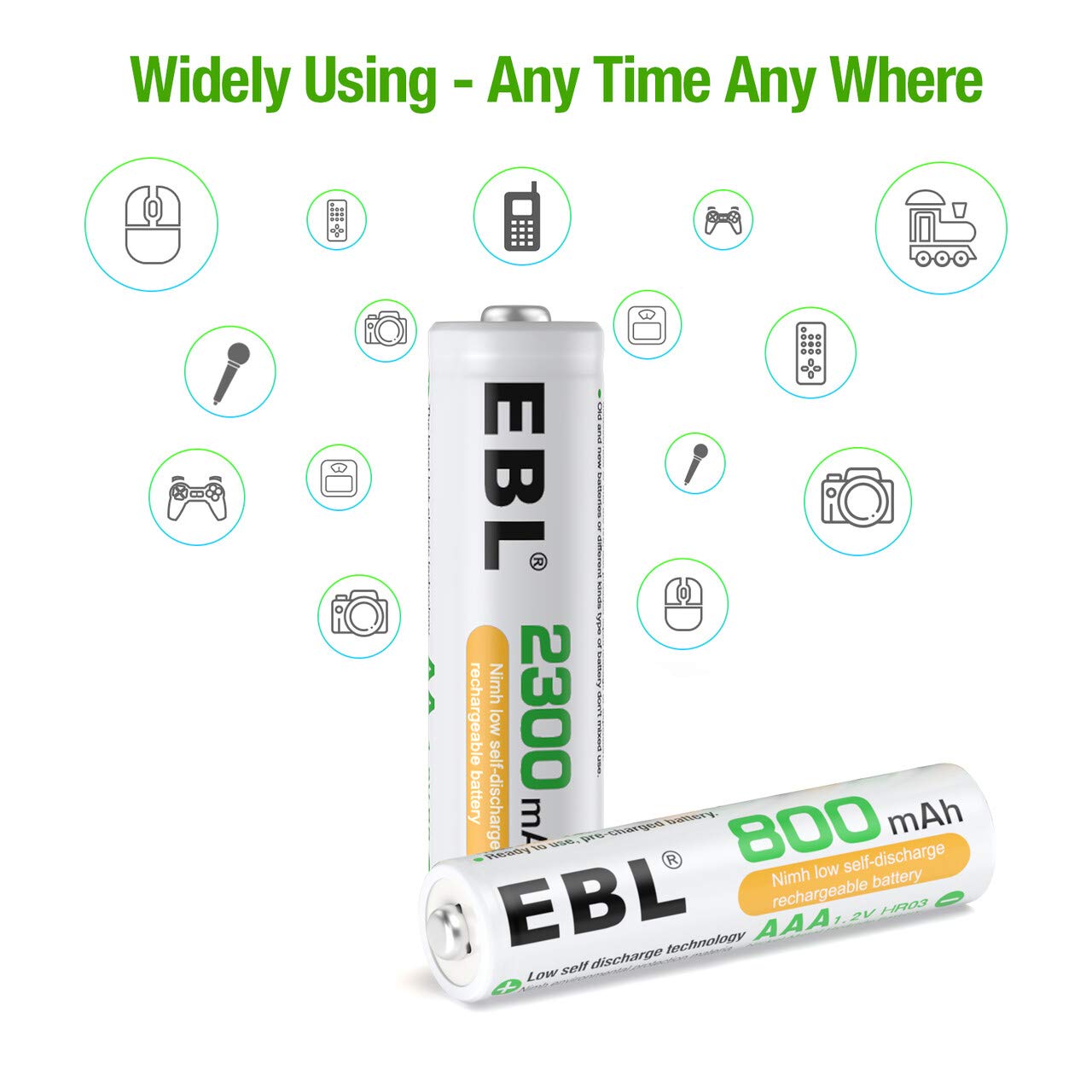 EBL 8 PCS AA 2800mAh & 8PCS AA 2300mAh & 8-Pack AAA 800mAh Rechargeable Batteries with AA AAA 9V Individual Battery Charger