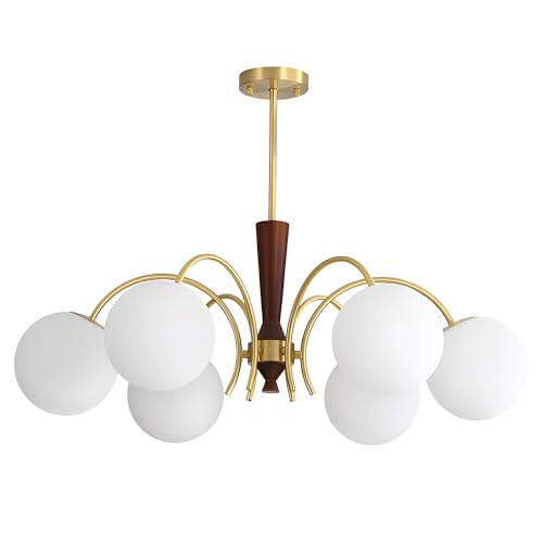 KCO Lighting Vintage 6 Light Gold Sputnik Light Fixture White Globe Chandelier Light Fixture Farmhouse Wood Chandelier Mid Century Modern Milk Glass Chandeliers for Dining Room