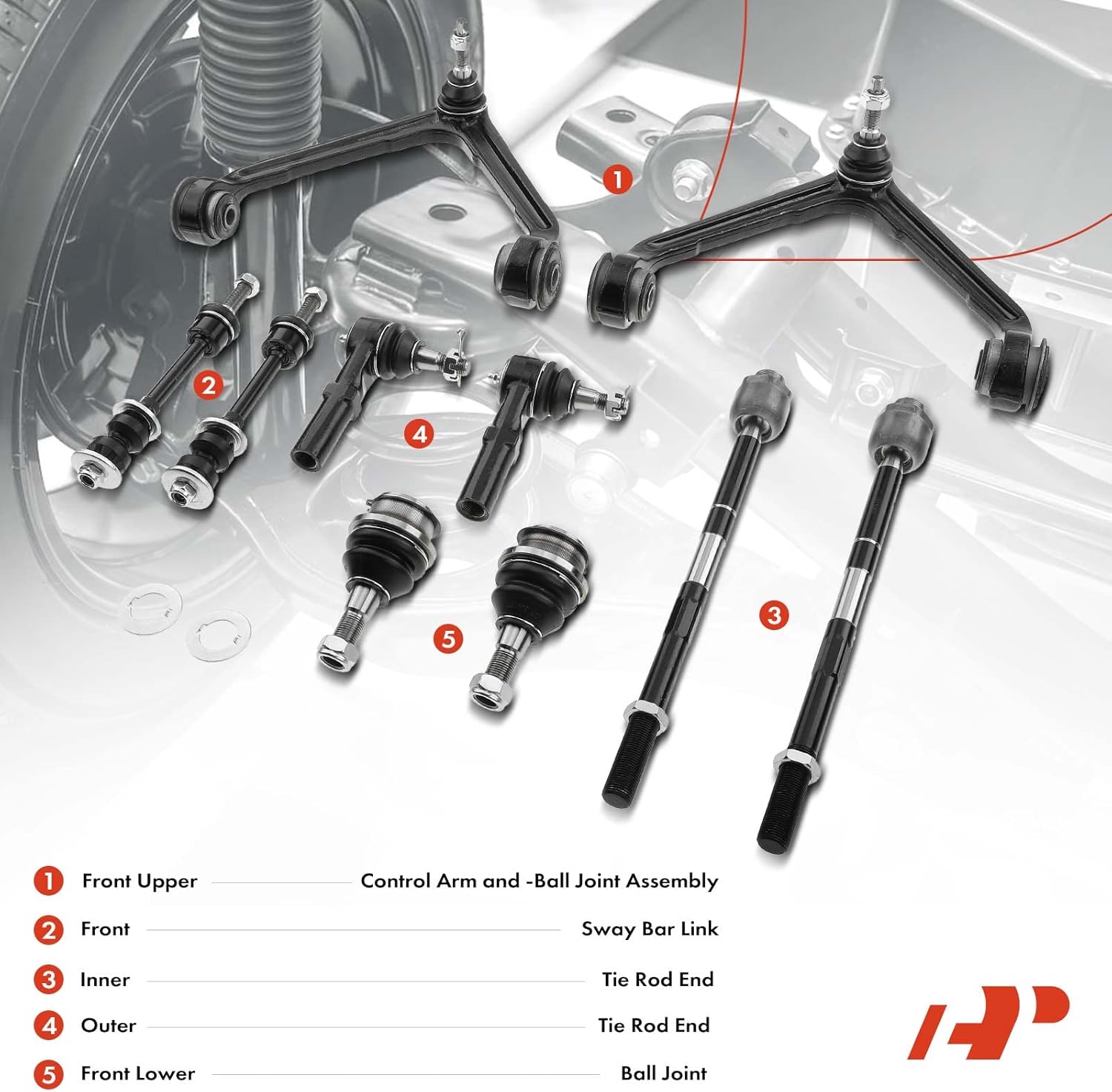 A-Premium 10Pcs Front Suspension Kit, Upper Control Arm Sway Bar Link Lower Ball Joint Inner Outer Tie Rod End, Compatible with Dodge Ram 1500 2002 2003 2004 2005, RWD