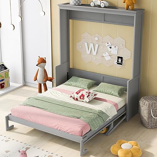 Rophefx Queen Murphy Bed with a Shelf, Wall Bed Queen, Wood Hidden Bed Frame, Multifunctional Cube Bed, with Support Slats, Space Saving Bed for Guest Room, Grey