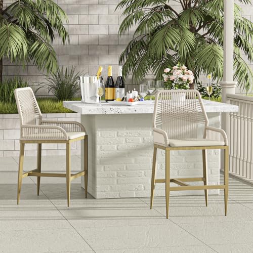 Bar Stools Set of 2, Counter Height Barstools with Backrest and Cushion, Modern Rattan Wicker Patio Stools for Kitchen Patio Balcony Pool Outdoor Accent Counter Chairs, White