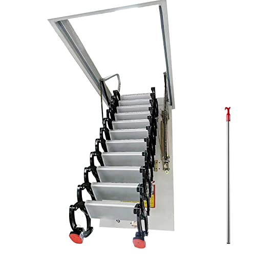 TECHTONGDA Attic Ceiling Pull Down Ladder Extension Folding Stairs Retractable Attic Folding Ladder with 28 x 35 Inch Opening Size and 9.8 feet Height for Ceiling