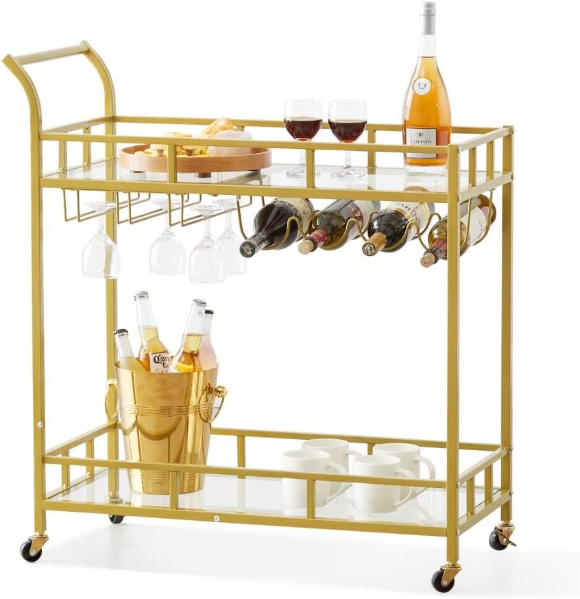 Gold Metal Bar Serving Cart with Wine Rack and Glass Holder - 2 Tiers, 120 LBS Capacity - Ideal for Home, Kitchen, and Dining Room Decor