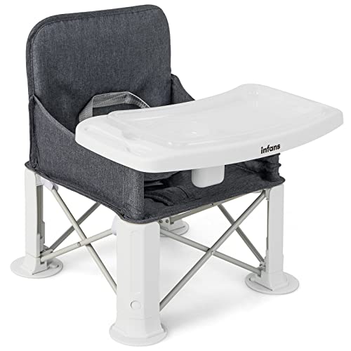 INFANS Baby Travel Booster Seat, Folding Portable Sit Up Chair for Dining Table, Compact Booster Chair with Detachable Double Trays Storage Bag Safety Harness for Boys Girls Outdoor Indoor Black