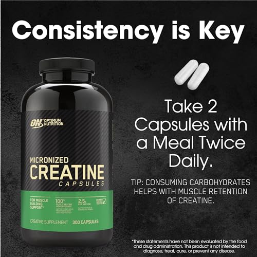 Optimum Nutrition Micronized Creatine Monohydrate Capsules, Keto Friendly, 2500mg, 200 Capsules (Packaging May Vary)