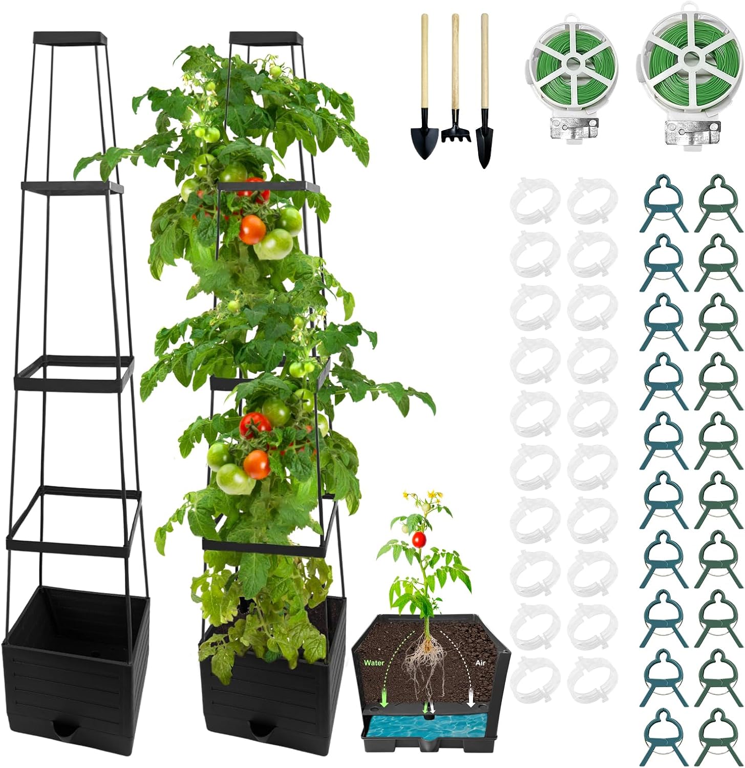 Raised Tomato Planter Box, Raised Garden Bed Planter Boxes with Trellis and 88 Yards Twist Ties 40 Clip 3 Spade 72” Self Watering Tomato Cage for Outdoor Climbing Plants Vegetable Vine Flowers