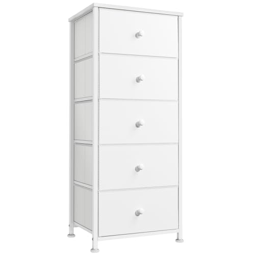 REAHOME 5 Drawer Dresser for Bedroom Storage Tower Closet Organizer Vertical Chest Sturdy Steel Frame Tall Dresser Wooden Top Removable Fabric Bins Office Organization (Leather White)