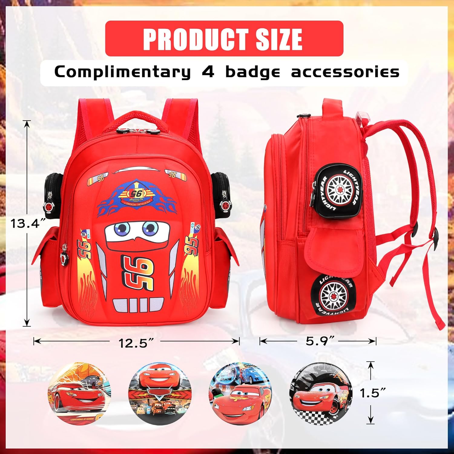 Cute Cartoon Cars School Backpack - 3D Student Cars Themed School Backpack with 4 Badges Waterproof Lightweight Cartoon Schoolbag for Preschool Toddler Boys Girls