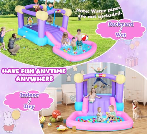 Pink Inflatable Bounce House for Kids 2-8 with Ball Pit & Slide, Indoor Jumpy Bouncy House w/440W Blower, 50 Ocean Balls, 6 Sticky Darts, Basketball, Toddler Bounce House Water Slide for Kids Backyard