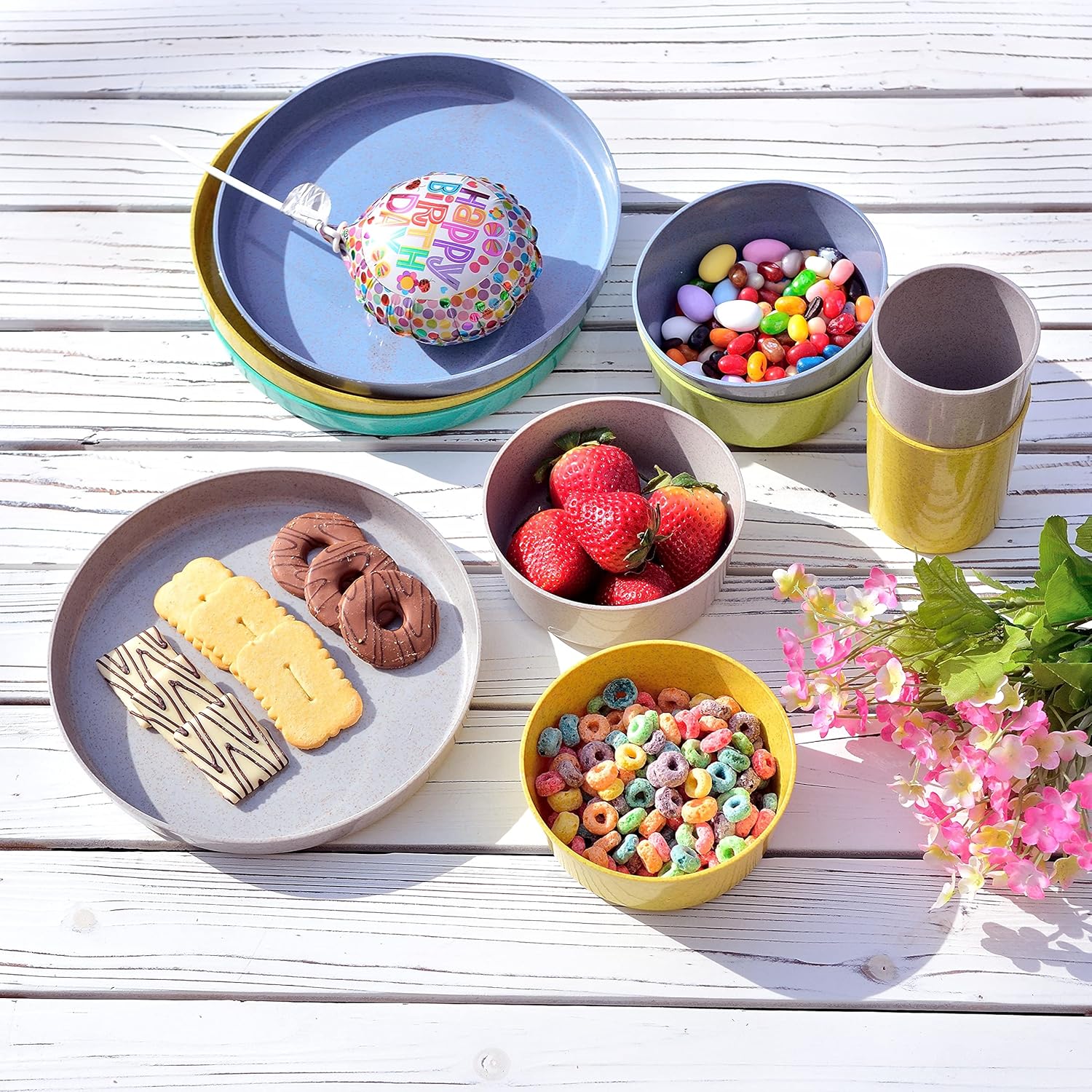 Youngever Bamboo Plastic Kids Dinnerware Set (15pcs Bowls, Plates, Cups)