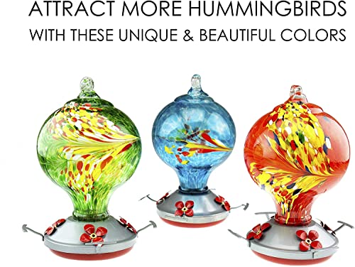 Hummingbird Feeder with Perch | Hand Blown Globe Glass in Green | 29 Fluid Ounces Humming Bird Nectar Capacity with Hanging Metal Wires and Ant Moat Hook