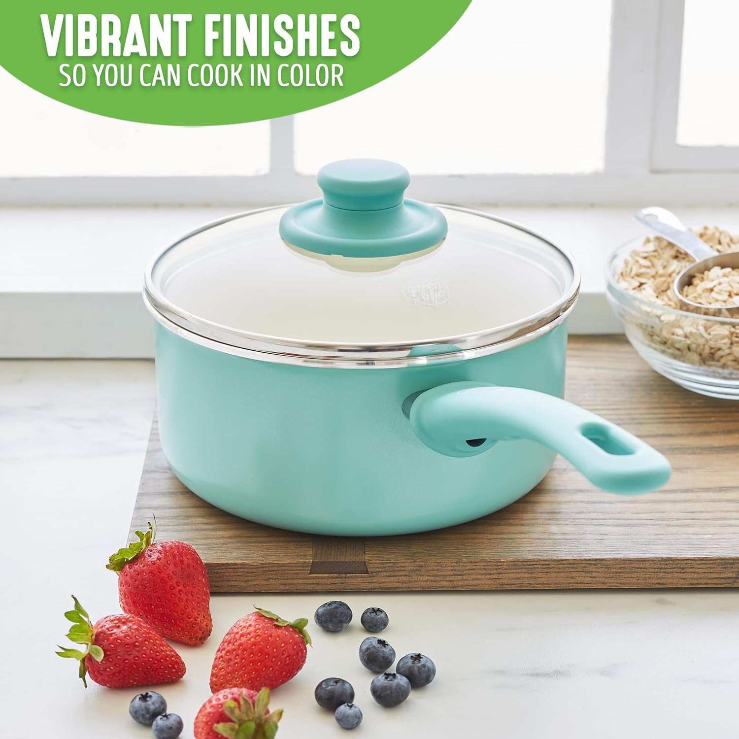 GreenLife Soft Grip Absolutely Toxin-Free Healthy Ceramic Nonstick Dishwasher/Oven Safe Stay Cool Handle Cookware Set, 4-Piece, Turquoise