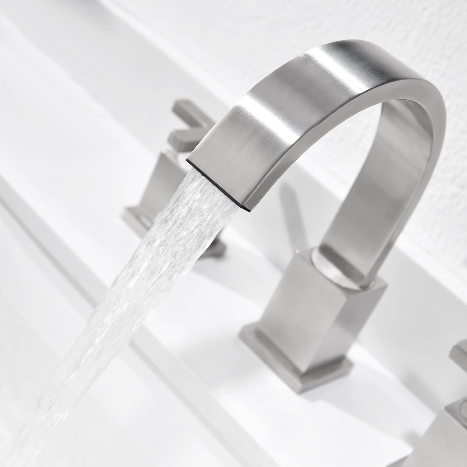 Phiestina Brushed Nickel Waterfall Bathroom Faucet, Widespread 3 Hole 8 Inch Modern Sink Faucet, with 360 Degree Swivel Spout, Pop Up Drain and Water Supply Lines, WF001-10-BN