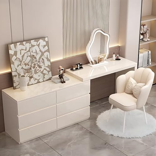 White Makeup Vanity - Vanity Desk with 6 Drawers & Smart LED Lights Mirror, Luxury Large Bedroom Dressing Table Include Chair, Suitable for Her (39'')