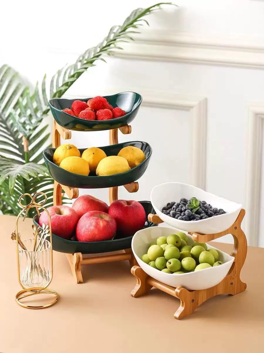 3 Tier Fruit Basket with Bamboo Stand for Counter Large Fruit Bowl with Legs for Kitchen White Snack Dessert Serving Tray for Party Wedding