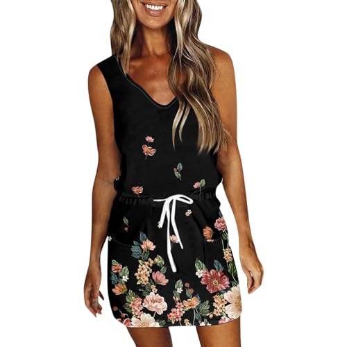 Tank Top Dresses for Women Summer V Neck Sleeveless Drawstring Mini Sundress with Pocket Cute Beach Skort Dress