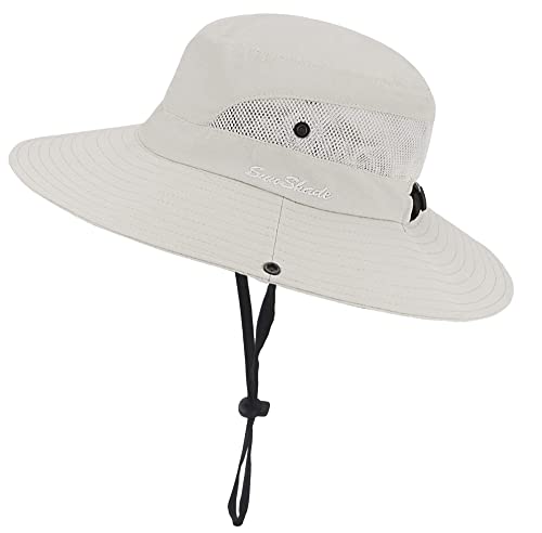 Womens Summer Sun-Hat Outdoor UV Protection Fishing Hat Wide Brim Foldable-Beach-Bucket-Hat with Ponytail-Hole