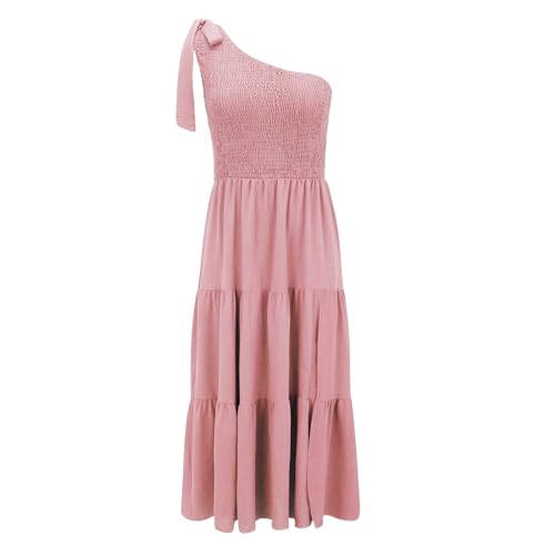 Women's Summer One Shoulder Sleeveless Knot Smocked Midi Dress Split Tiered Flowy Dresses Dresses Loose