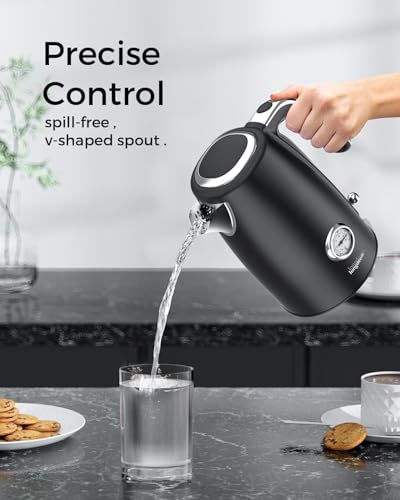 Electric Tea Kettle for Boiling Water, Wide-Open Lid, Retro Green Stainless Steel with Thermometer, 1500W/1.7L for Coffee/Tea Brewing, Auto Shut-Off & Boil-Dry Protection, Cordless Swivel Base, Green