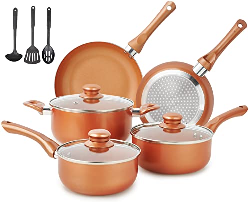 Pots and Pans Set Ultra Nonstick, Pre-Installed 11pcs Cookware Set Copper with Ceramic Coating, Stay cool handle & Nylon Kitchen Utensils, Gas/Induction Compatible, 100% PFOA Free