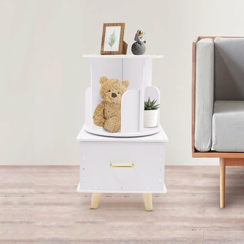 Rotating Night Stand with Bookshelf Side Table with Storage Round Nightstand for Small Space Modern Bedside Table with Drawer Corner End Table for Living Room Bedroom Study Room (Black)