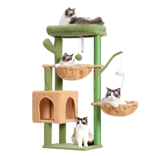 Heybly Cat Tree, 39.4 Inches Tower Condo with Scratching Post, Cat Tower for Indoor Cats, Fully Wrapped Sisal Pole, Soft Platform, 2 Baskets and Dangling Toy, Muchroom HCT006SMU