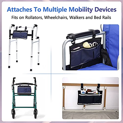 NEPPT Wheelchair Bag Walker Pouch for folding walker Electric Wheelchair Side Bag Scooter Power Chair Accessories Mesh Storage Organizer with Phone Holder for The Armrest Travel Saddle Bag (Dark Blue)