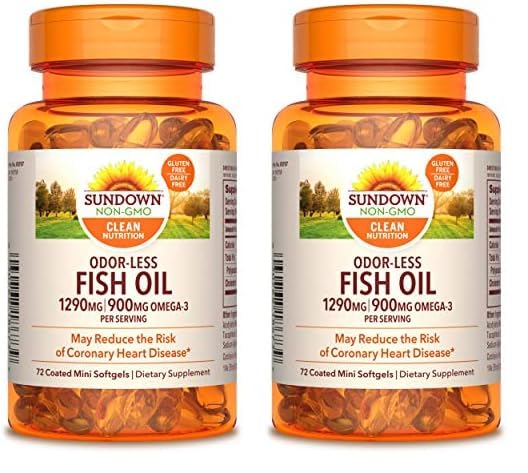 Sundown Odorless Fish Oil, 1290mg, Omega 3 Dietary Supplement, Supports Heart Health, 72 Coated Mini Softgels