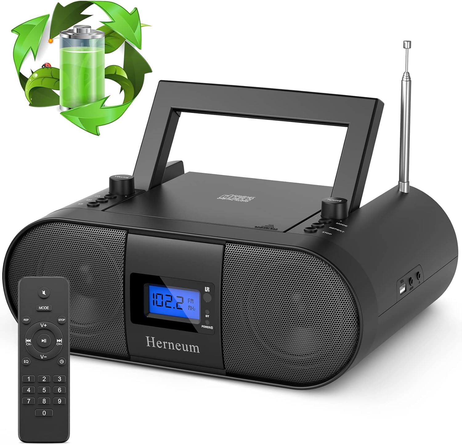 CD Player Portable, FM Radio with Dual Stereo Sound System, Rechargeable Bluetooth Boombox with Remote Control, Playback CD/CD-R/CD-RW/MP3, Support USB & AUX-in, Headphone Output