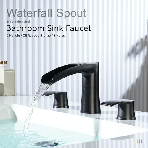 Brushed Nickel Waterfall Bathroom Faucets - 2 Handles Bathroom Sink Faucet for 3 Holes Sink, Brushed Nickel Widespread Bathroom Faucet with Pop Up Sink Drain Stopper